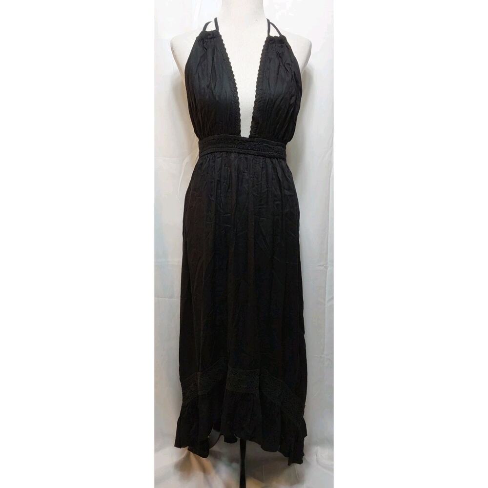 BOHO ME Small Black Plunging Neck High-Low Backless Sleeveless Halter Dress #D92